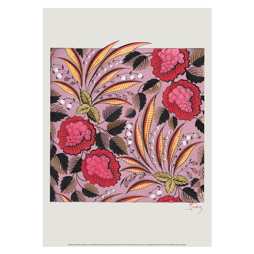Detailed botanical motifs in pale pink and purple sit on a rich magenta background 